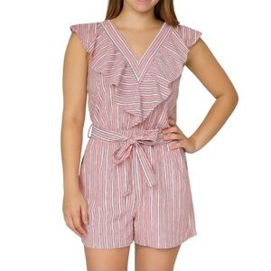 New After Market Pink Striped Ruffle Trim V-Neck Belted Waist Romper